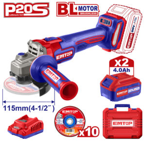 EMTOP BRUSHLESS ΓΩΝΙΑΚΟΣ ΤΡΟΧΟΣ 115mm 20V/2x4Ah ΜΕ  10 ΔΙΣΚΟΥΣ ΚΟΠΗΣ ELAG211542