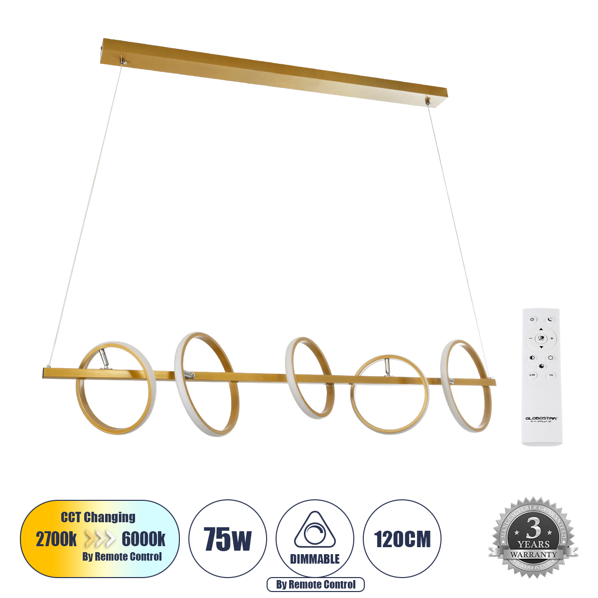 61322_0 GloboStar® CIRCOLARE 61322 Κρεμαστό Φωτιστικό Οροφής Design LED CCT 75W 8400lm 360° AC 220-240V - Εναλλαγή Φωτισμού μέσω Τηλεχειριστηρίου All In One Ψυχρό 6000k+Φυσικό 4500k+Θερμό 2700k Dimmable Μ120 x Π25 x Υ25cm - Χρυσό - 3 Χρόνια Εγγύηση