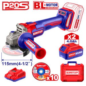 EMTOP BRUSHLESS ΓΩΝΙΑΚΟΣ ΤΡΟΧΟΣ 115mm 20V/2x4Ah ΜΕ  10 ΔΙΣΚΟΥΣ ΚΟΠΗΣ ELAG211542