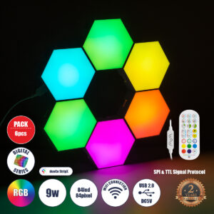 GloboStar® DIGIOCTA 90448 Σετ 6 Ψηφιακων LED RGB Φωτιστικών Κυψελών με Ψηφιακό Controller με WiFi Smart APP & Ασύρματο Χειριστήριο RF 2.4Ghz - LED SMD 5050 9W/Σετ 84PIXEL/Σετ 720lm/Σετ 120° DC 5V με USB 2.0 IP20 Πολύχρωμο RGB - Dimmable - Μ10.5 x Π10.5 x