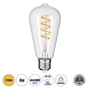 GloboStar® 99143 Λάμπα LED Soft S Spiral Filament E27 ST64 Αχλάδι 4W 300lm 360° AC 220-240V IP20 Φ6.4 x Υ14cm Θερμό Λευκό 2700K με Διάφανο Γυαλί - Dimmable - 3 Years Warranty