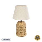 GloboStar® HOLOKAI 01960 Boho Επιτραπέζιο Φωτιστικό Πορτατίφ Μονόφωτο 1 x E27 IP20 Καφέ Raffia με Μπεζ Ύφασμα - Μ23 x Π23 x Υ40cm