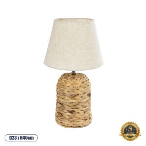 GloboStar® HOLOKAI 01960 Boho Επιτραπέζιο Φωτιστικό Πορτατίφ Μονόφωτο 1 x E27 IP20 Καφέ Raffia με Μπεζ Ύφασμα - Μ23 x Π23 x Υ40cm