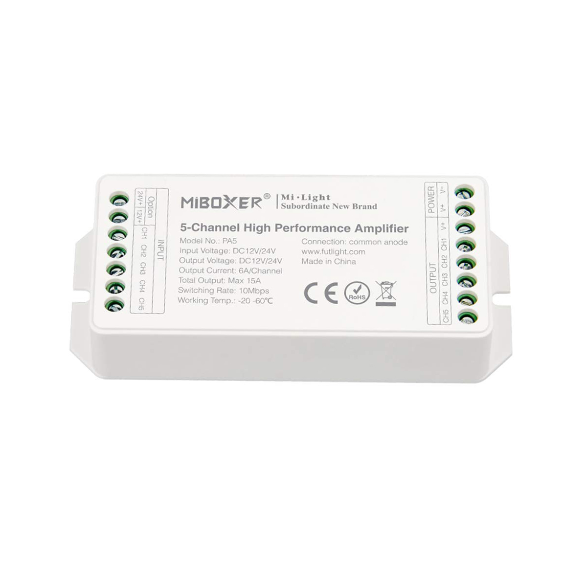 71429_10 GLOBOSTAR® MiBOXER-PA5 71429 DC Ενισχυτής Ισχύος & Σήματος Υψηλής Ταχύτητας με 5 x 6A 144W Κανάλια DC 12-24V 15A 360W Max IP20 - Μ11.4 x Π4.9 x Υ2.8cm - 5 Χρόνια Εγγύηση - Image 10