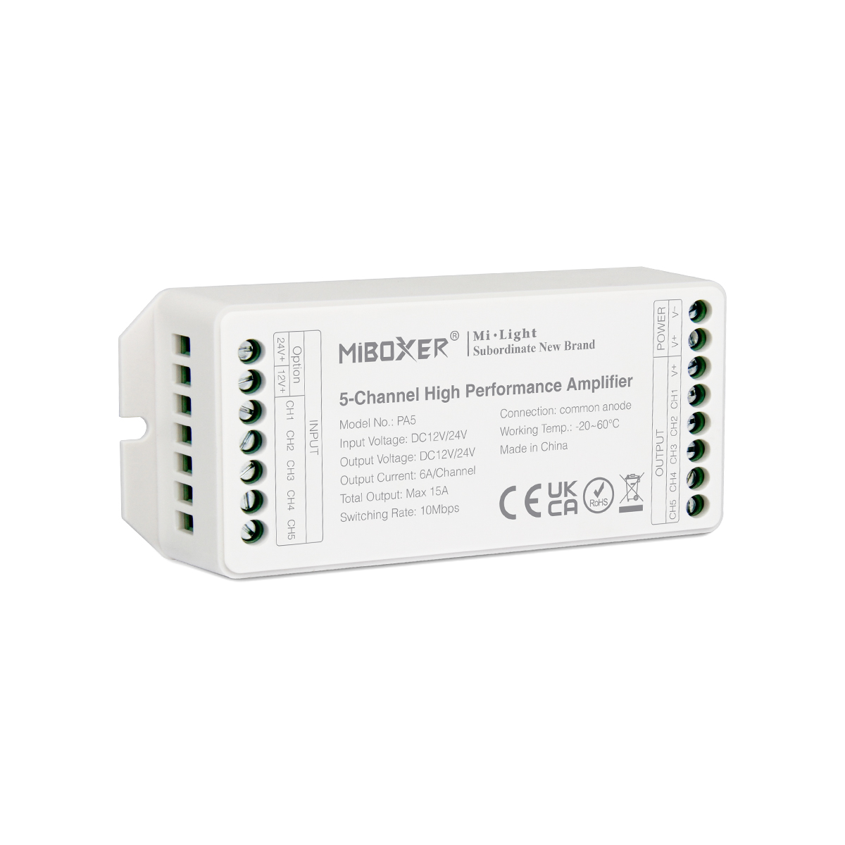 71429_9 GLOBOSTAR® MiBOXER-PA5 71429 DC Ενισχυτής Ισχύος & Σήματος Υψηλής Ταχύτητας με 5 x 6A 144W Κανάλια DC 12-24V 15A 360W Max IP20 - Μ11.4 x Π4.9 x Υ2.8cm - 5 Χρόνια Εγγύηση - Image 9